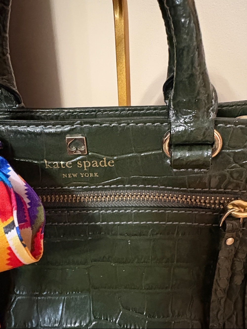 kate spade New York dark green croc-embossed leather satchel with colorful bow - Picture 2 of 10